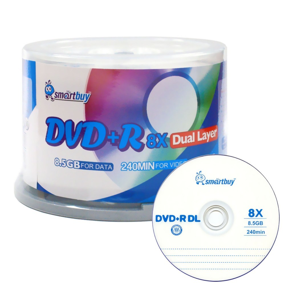 50 Pack Smartbuy 8X DVD+R DL 8.5GB Dual Layer Logo Top Blank Media Record Disc - $32.99