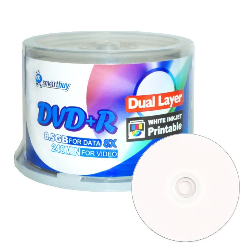 50 Smartbuy 8X DVD+R DL 8.5GB Dual Layer White Inkjet Hub Printable Record Disc - $34.99