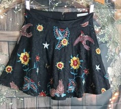Alice &amp; Olivia Skirt Size 2 Mini Black Embroidery Beaded Floral/Birds/St... - £19.50 GBP