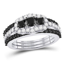 10kt White Gold Round Black Color Enhanced Diamond 3-stone Bridal Wedding Set - £916.58 GBP