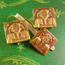 PHARAOH Cufflinks Vintage Egyptian Tie Clip Bronze &amp; Silver Plated Pat # 2853761 - £98.85 GBP