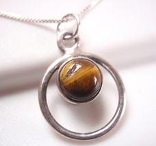 Round Tiger Eye in Hoop 925 Sterling Silver Necklace Corona Sun Jewelry h109j - $15.29