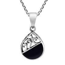 Ocean Teardrop Filigree Waves Black Onyx Stone on Sterling Silver Necklace - £13.56 GBP