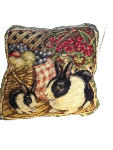 VTG Needlepoint Accent Pillow Bunny Rabbits Velvet Hare Floral Tapestry Woodland - $74.25
