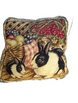 VTG Needlepoint Accent Pillow Bunny Rabbits Velvet Hare Floral Tapestry Woodland - £59.21 GBP