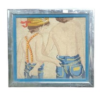 Vintage Day At The Beach Cross Stitch Framed Kids Walking Suspenders Jea... - $30.37