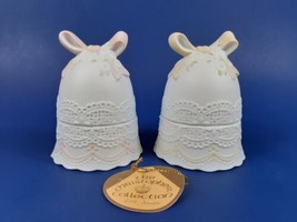 2 Wedding Bell Shaped Trinket Boxes VTG Lefton 03705 Porcelain Lace Pastels - $14.69