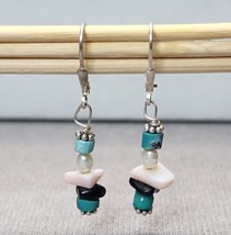 Vintage Sterling Silver Seed Pearl &amp; Turquoise 1&quot; Dangle Earrings Pierce... - £17.88 GBP
