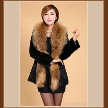 Luxury Dog Racoon Long Hair Fur Collar Mid Length Dyed Rex Rabbit Fur Coat  image 4
