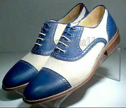 Handmade Men&#39;s Leather Two Tone Cap Toe White &amp; Blue Oxfords Formal Shoes-223 - £173.27 GBP