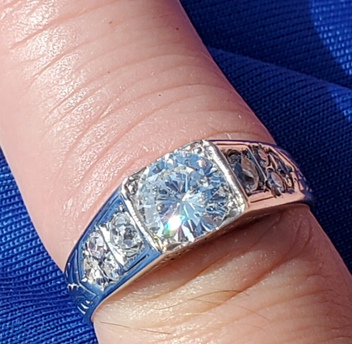 Earth mined Diamond Deco Engagement Ring Vintage Solid 14k White Gold Statement Item image 9