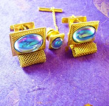 Vintage Eerie Moonstone Cufflinks Gold Mesh Wrap Iridescent Blue Rainbow Cabocho - £99.90 GBP