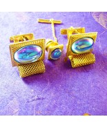 Vintage Eerie Moonstone Cufflinks Gold Mesh Wrap Iridescent Blue Rainbow... - $125.00