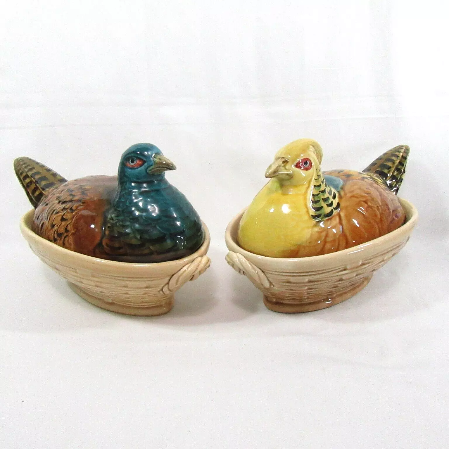 Sarreguemines Majolica Pheasant Nest Oval Tureens Covered Casseroles - $320.00