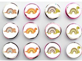 Twelve 2" Cupcake Toppers Rainbow Dinosaurs Dino Themed Birthday Edible Image Ed - £13.16 GBP