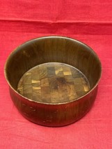 Wooden 10&quot; &amp; 4&quot; High Round Salad Bowl with Wood Weave Bottom VTG 1970s - £23.35 GBP