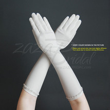 Stretch Dull Matte Satin Gloves with Pearl Trim Accents - No Shine, Elegant Look - £21.70 GBP