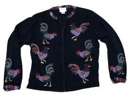 Vintage CHRISTOPHER &amp; BANKS Navy Blue Rooster Birds Full Zip Cardigan Sw... - £14.16 GBP