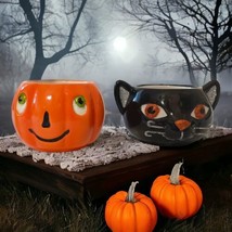 Hallmark Halloween Votive Tealight Holders Candle Set Ceramic Black Cat Pumpkin - £15.63 GBP