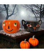 Hallmark Halloween Votive Tealight Holders Candle Set Ceramic Black Cat ... - £15.56 GBP
