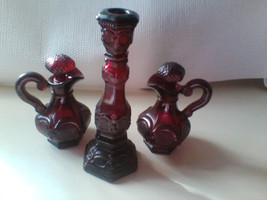 Avon Cape Cod Ruby Red Glass Candlestick Candle Holder & Cruets Three (3) Pc Set - $39.99