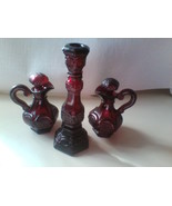 AVON Cape Cod RUBY RED GLASS Candlestick Candle Holder &amp; Cruets THREE (3... - £31.63 GBP