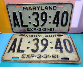 Old Vtg Exp 3-31-61 Maryland State Automotive License Plate Set AL:39:40 - £39.78 GBP