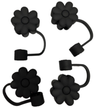 4 Pc Straw Cover Caps Black Flower design Compatible w Stanley NEW - £8.87 GBP