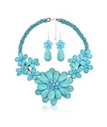 Exotic Floral Burst Statement Blue Turquoise Sterling Silver Jewelry Set - £51.29 GBP