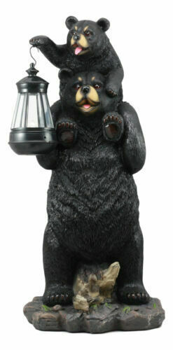 Primary image for Rustic Black Bear Carrying Cub On Shoulder Statue Solar LED Lantern Light Decor