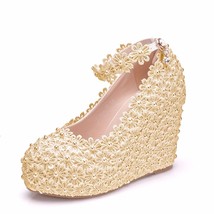 Crystal Queen Wedges Wedding Pumps Sweet White Flower Lace  Platform Shoes Bride - £46.54 GBP