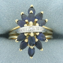 Sapphire and Diamond Spray Design Ring in 14k Yellow Gold - £734.20 GBP