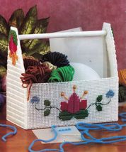 Plastic Canvas Tumbling Basket & Folk Art Tote Pansy Coaster Doorstop Pattern - $6.99
