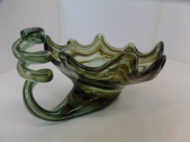 Vintage MidCentury Modern Hand Blown Art Glass Green Brown Swirl Decorative Bowl - £31.03 GBP