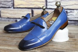 Handmade Leather Blue Premium Tassel Loafer Slip On Men Shoes - £122.96 GBP