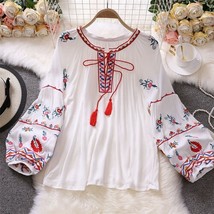 New Women Blouse Indie Folk Embroidery -Up Tel O-Neck Lantern Sleeve Tops Loose  - £64.82 GBP