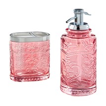 Pioneer Woman Amelia Soap Dispenser Coral Pink Toothbrush Holder Embossed NEW - $28.84