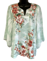 Ladies JM Collection Pull Over Knit Green Floral Decor Embellished at Neck PXL - £15.82 GBP