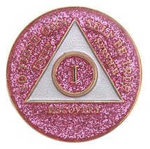 28 Year Pink Glitter Tri-Plate Alcoholics Anonymous Medallion- AA Sobrie... - $17.81
