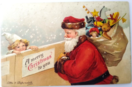 Santa Claus Christmas Postcard Ellen Clapsaddle Girl By Fence Brown Teddy Bear - £11.98 GBP