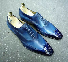 Handmade Men&#39;s Leather Oxfords Two Tone Blue Burnished Toe Wing Tip shoes-680 - £168.08 GBP