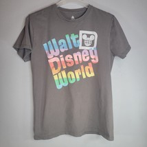 Walt Disney Shirt Large Mens World Print Gray Short Sleeve Casual Tee - £13.59 GBP