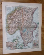1908 Original Antique Map Of Southern Scandinavia Sweden Norway Stockholm Oslo - £22.29 GBP