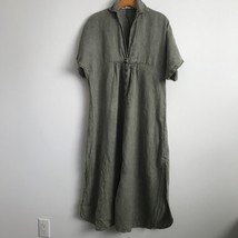 Zara Dress Green Linen S Collar Long Sleeve V Neck Casual Roll Tab Sleev... - $37.12