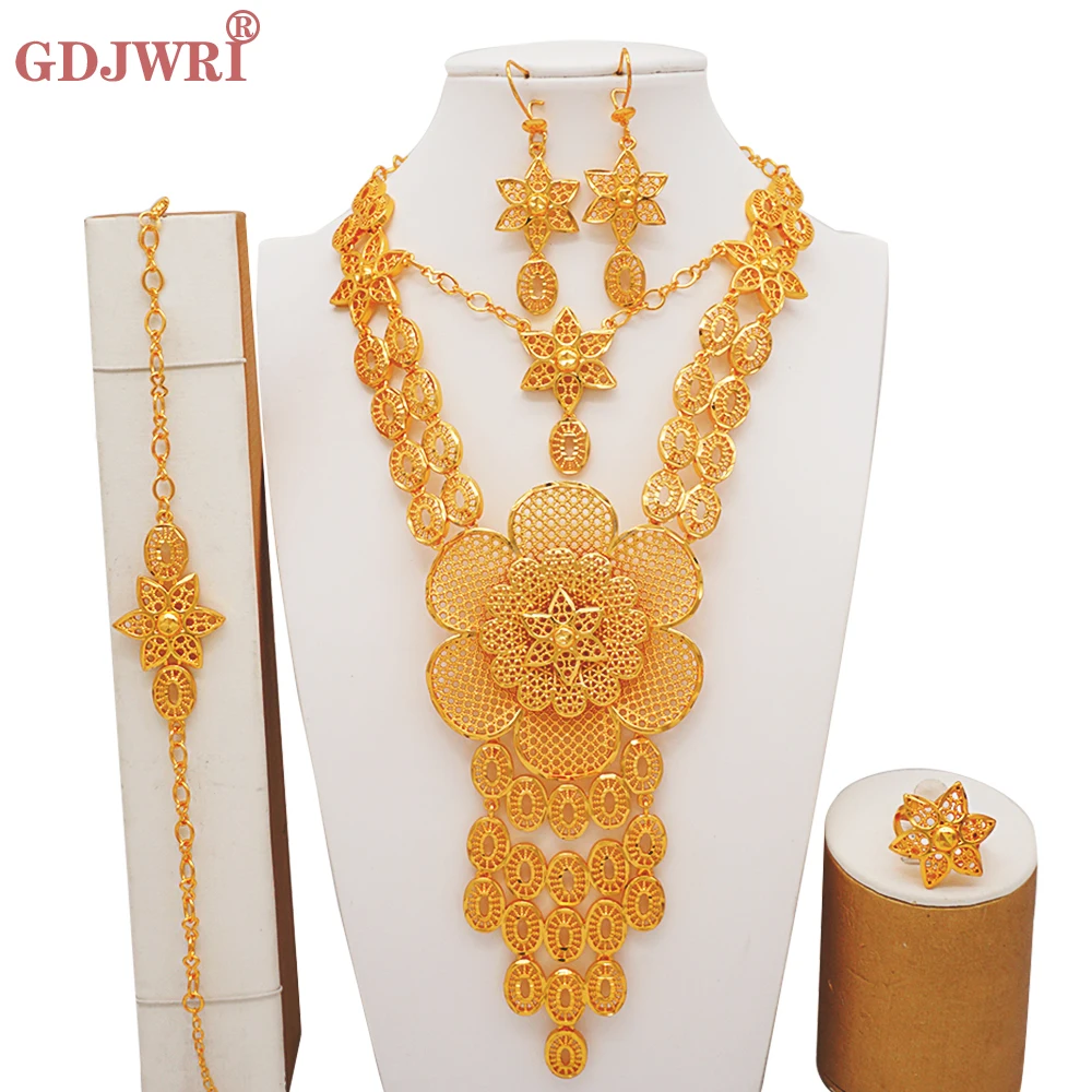 Indian Dubai GolBig Flower Necklaces African Costume Jewelry Set Bridal Gifts Et - £54.87 GBP