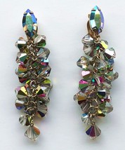 Vintage Lewis Segal California Aurora AB Crystal Dangle Earrings Clip On 2.5 in - £35.60 GBP