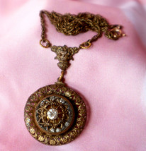 Art Nouveau Vintage Lavalier Necklace Brass Glass Rhinsteone Flower Hear... - £67.26 GBP