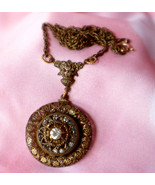 Art Nouveau Vintage Lavalier Necklace Brass Glass Rhinsteone Flower Hear... - £66.10 GBP