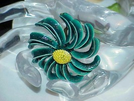Huge Vintage Flower Pin Brooch 60&#39;s 3D Green Yellow center Spiral Flower Enamel - £51.43 GBP