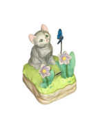 Vintage Mann Cat Music Box Kitten Flowers Moving Butterfly Memory Japan Ceramic - $24.74